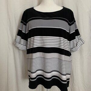 Ruby Rd. 2X Black/White/Gray horizontal striped top